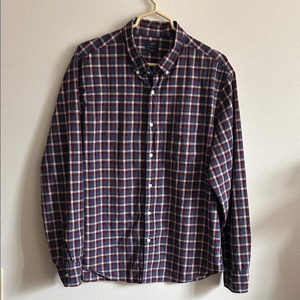 J.Crew Men's Blue and Red Plaid Check Heathered Cotton XL Shirt
